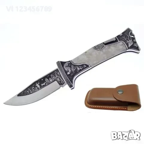Руски ловен сгъваем нож с кожен калъф гравиран елен и ловец 100х230 мм,, снимка 1