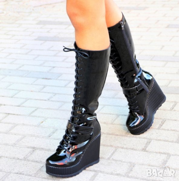 Ботуши на платформа - черен лак - 1905, снимка 1