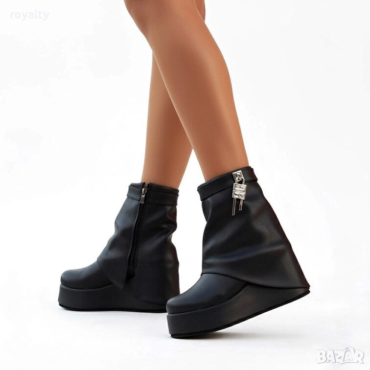 Боти на платформа - черна кожа, снимка 1