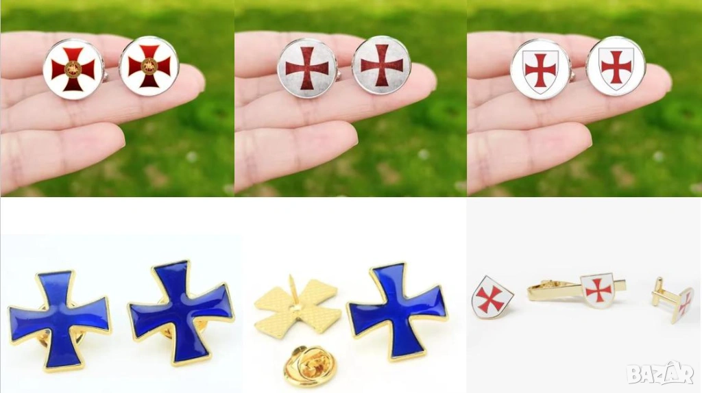 Ярко Изящни Мъжки Копчета за Ръкавели Син Кръст Рицарски Тамплиерски Червен Кръст с Масонски Мотиви, снимка 1