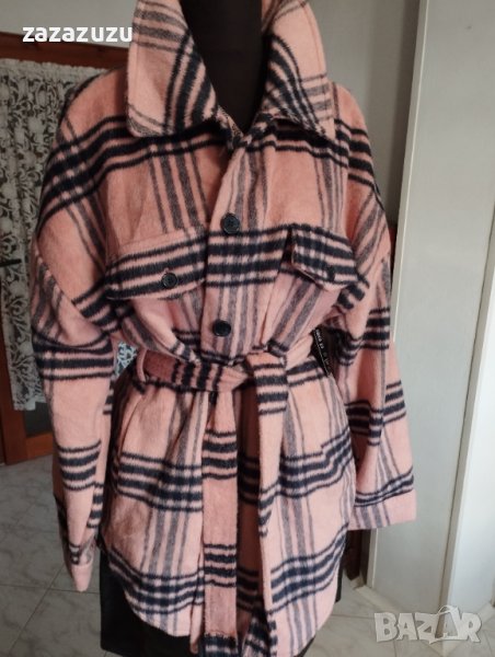 Вълна - дамска зимна дълга риза, каре, тип манто, звят сьомга, снимка 1