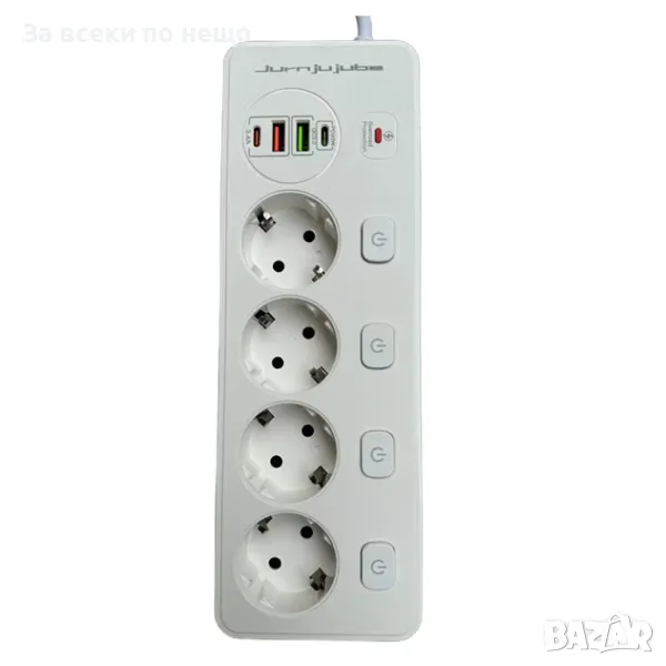 Удължител Jurnjujube, защита от пренапрежение, 4 гнезда, 2 USB, 2 Type-C, 3250W, бял, 2 м, снимка 1