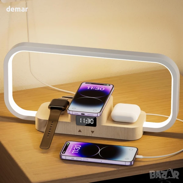 CRLL 3 в 1 нощна лампа с безжично зарядно и USB порт, дървена настолна лампа, снимка 1