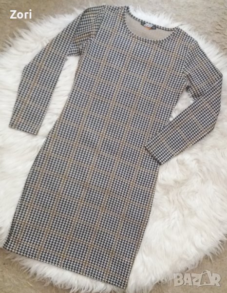 Рокля по тялото в каре от жълто-черен пепит, снимка 1