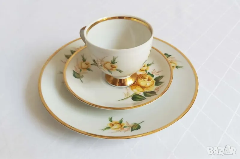 Чаша, подложна и десертна чиния с жълти рози - Mitterteich, снимка 1