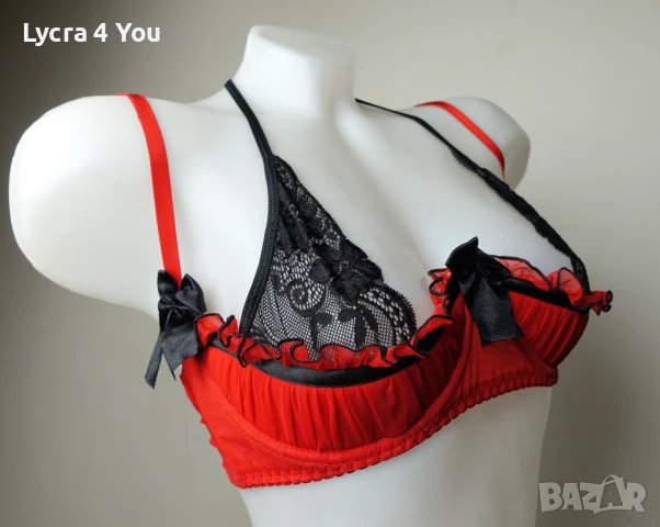 75-80 С червен разкриващ сутиен с черна дантела, снимка 1