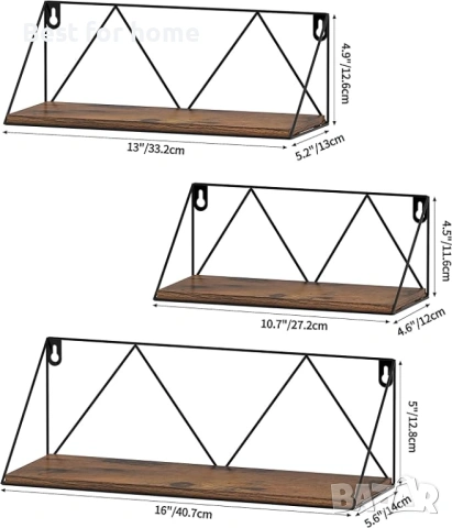 Комплект от 3 дървени стенни рафта EYMPEU в рустик стил от метал и дърво, снимка 3 - Етажерки - 53733603