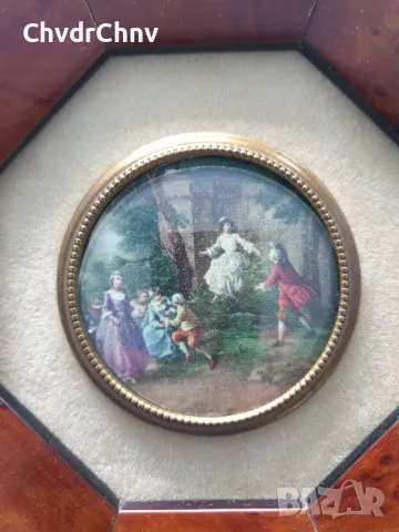 4бр малки кръгли картини/барокови миниатюри/картина в октагонална дървена рамка с интарзия 18см, снимка 6 - Картини - 50318736