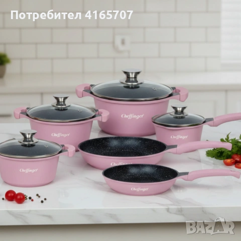 Комплект съдове за готвене Cheffinger от 10 части – тенджери и тигани с мраморно покритие за всички , снимка 2 - Съдове за готвене - 53190802