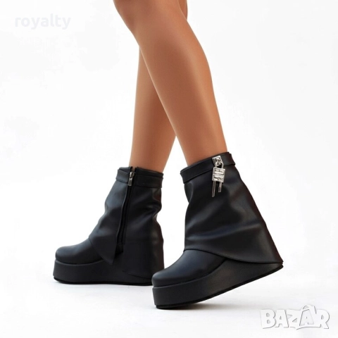 Боти на платформа - черна кожа