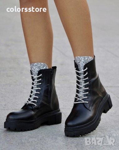 Равни боти - черна кожа с брокат - GB2