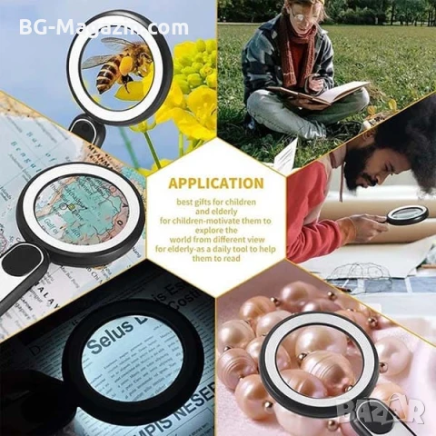 Мощна голяма увеличителна лупа 15X LED осветление стъклена за четене на книга вестник с дръжка лед, снимка 5 - Други инструменти - 50919742