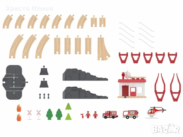 Дървена железница дървен влак с релси с пожарна противопожарна станция, снимка 2 - Образователни игри - 53793741