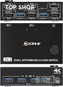 KCEVE DP HDMI USB 3.0 KVM превключвател 2 компютъра 2 монитора, два монитора Displayport KVM, снимка 5 - Друга електроника - 48795019