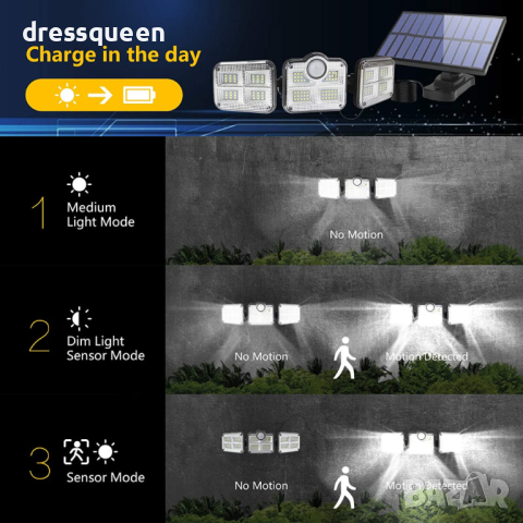 122LED  СОЛАРНА ЛАМПА СЕНЗОР ЗА ДВИЖЕНИЕ И СЕНЗОР ЗА ЗДРАЧ, снимка 6 - Соларни лампи - 44566614