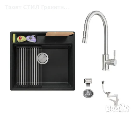 К-т Мивка+Смесител+Сифон Цветове Кухненска Мивка от гранит модел Осло 60 Премиум 580 x 530 мм + Смес