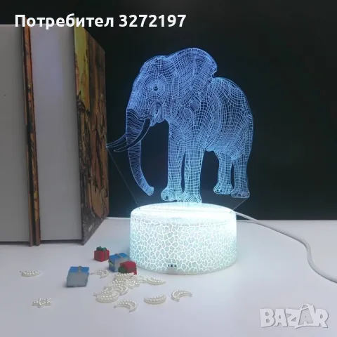 Холограмна 3D LED лампа Слон-дистанционно управление 16 цвята+други режими на управление, снимка 4 - Настолни лампи - 49504588