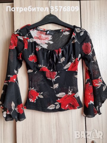 Къса прозрачна ефирна блуза с три четвърти широк ръкав, в червено-черна щаппа, снимка 5 - Корсети, бюстиета, топове - 39568471