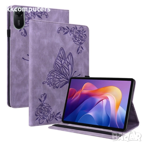 Xiaomi Redmi Pad 2 -Кожен калъф с Протектор, Дизайн Пеперуда/ Цвете, Стойка и Държач за писалка (Зел, снимка 4 - Калъфи, кейсове - 52116974