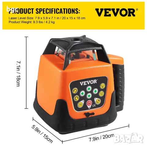 Ротационен лазерен нивелир Vevor 360G, Зелен лазерен лъч, Лазерен приемник, Обхват 500 метра ПЪЛЕН К, снимка 7 - Куфари с инструменти - 48266012
