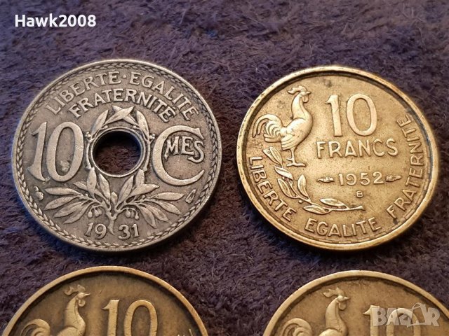 10 сантима 1933 10 франка 1951 1952 Френски Франция лот 4 броя, снимка 3 - Нумизматика и бонистика - 41372786