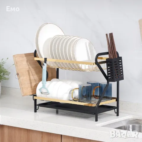 Многофункционален сушилник за съдове от неръждаем стомана. Черно със златисто, снимка 2 - Сушилници - 48133132