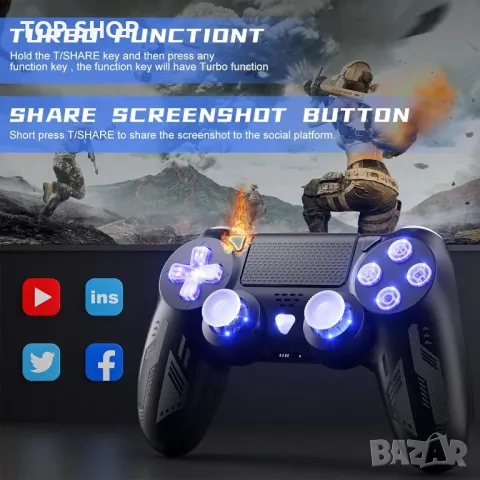 Безжичен контролер Bonacell за геймпад за Ps4 с 6-осен сензор за движение Turbo Touch Pad, снимка 4 - Аксесоари - 49938051