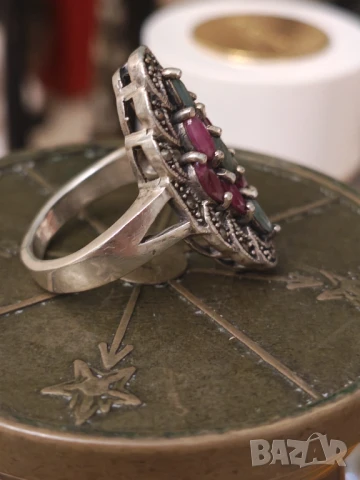 Превъзходен ръчно изработен сребърен пръстен с естествени камъни , снимка 4 - Пръстени - 50717847