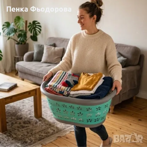 Сгъваем кош за пране от силикон с вместимост 25 л , сгъва се до 6 см – компактна кошница за дрехи с , снимка 6 - Кошници и панери за дома - 55888463