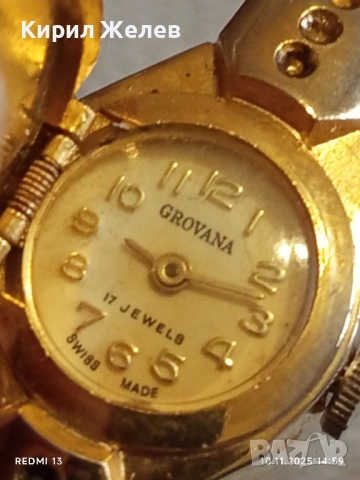 Стар механичен часовник дамски тип гривна GROVANA SWISS MADE позлатен 51474, снимка 3 - Антикварни и старинни предмети - 52363909