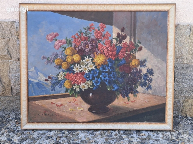 картина букет цветя във ваза маслени бои върху платно 