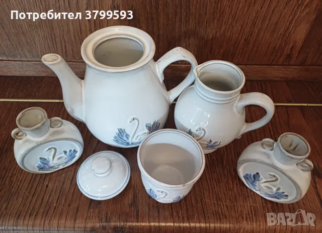 Керамичен чайник, каничка, чаши с лебеди, снимка 3 - Сервизи - 48345110