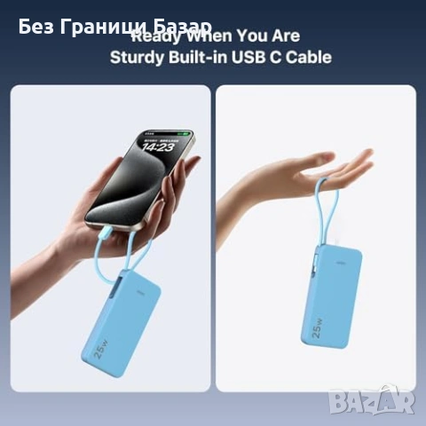 Нов power bank Преносима батерия 25W 10000mAh USB-C кабел 3 изхода LED, снимка 3 - Външни батерии - 53649881