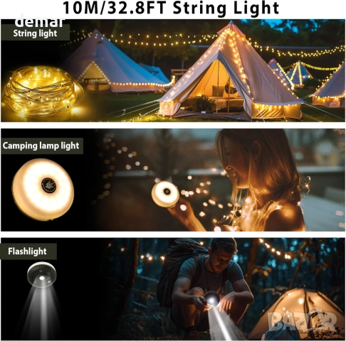LED къмпинг гирлянди 10 м, 3 в 1, водоустойчиви, 8 режима, топло бяло, снимка 2 - Лед осветление - 53777720