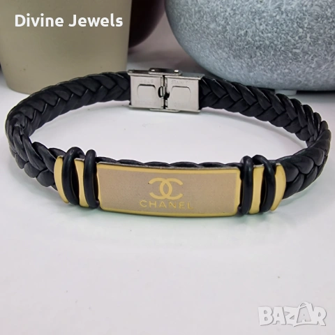 Мъжка кожена гривна Chanel от медицинска стомана с позлата