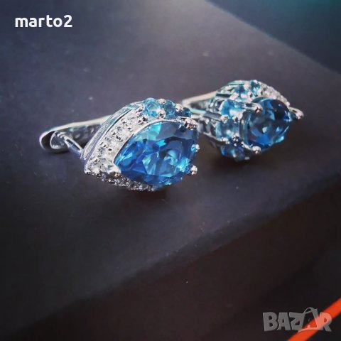 Сребърни 925 Обеци с Родиево покритие и Натурални London Blue Топази и Циркони!!!, снимка 2 - Обеци - 41318714