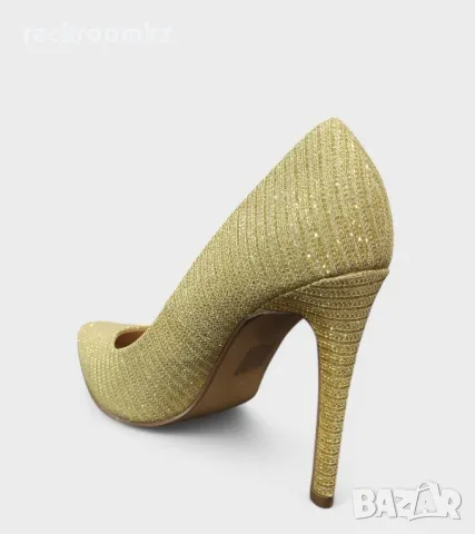 Златни дамски обувки на ток с брокатен ефект – AF2017-1 gold, снимка 3 - Дамски обувки на ток - 50036143