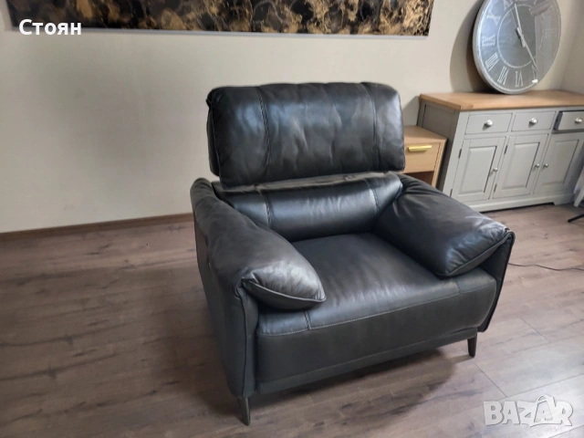 Тъмно сив графитен кожен фотьойл с електрически механизъм, снимка 10 - Дивани и мека мебел - 53699202