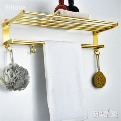 Двуетажна алуминиева поставка за хавлии със златно покритие и 4 куки, снимка 2 - Други стоки за дома - 52716314