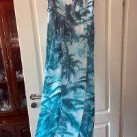 Ефирна дълга тюркоазена  елегантна ежедневна рокля тропик палми тропически принт , снимка 6 - Рокли - 41703823