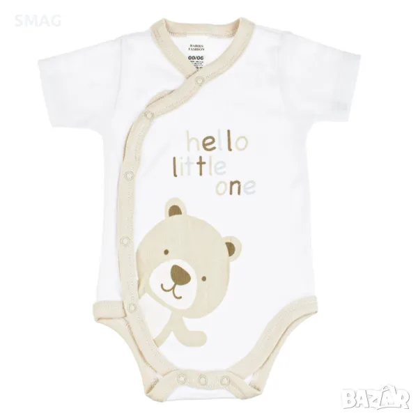 Бебешко боди Памучно с къс ръкав бяло бежово плюшено мече Hello Little One S_1233502, снимка 1