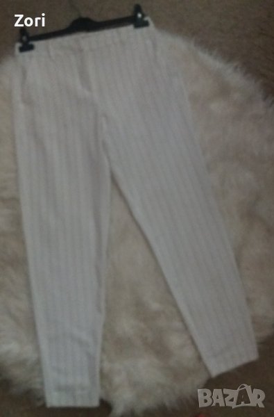 СТРАХОТЕН спортно-елегантен панталон с висока талия  - бял на черно райе, снимка 1