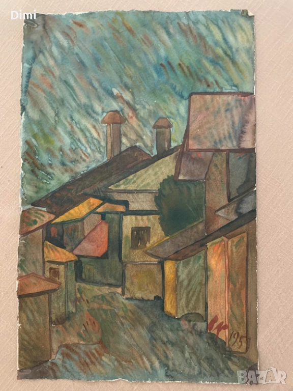 ВЛАДИМИР КАВАЛДЖИЕВ 1959 г. акварел градски пейзаж , снимка 1