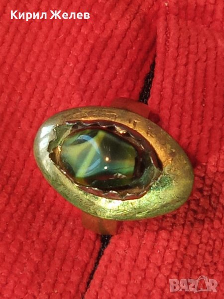 СТАРИНЕН МЕДЕН с ДЪЛБОКА ПОЗЛАТА СКЪПОЦЕНЕН ПРЪСТЕН с ПОЛИРАН НАТУРАЛЕН ЯСПИС РЪЧНА ИЗРАБОТКА 22219, снимка 1