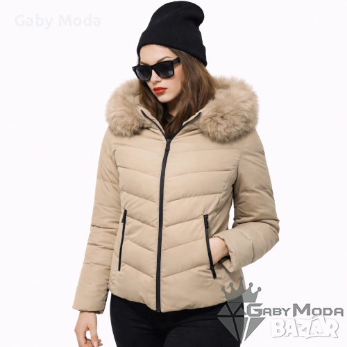 Дамско вталено зимно яке с пух и качулка в два цвята, снимка 1