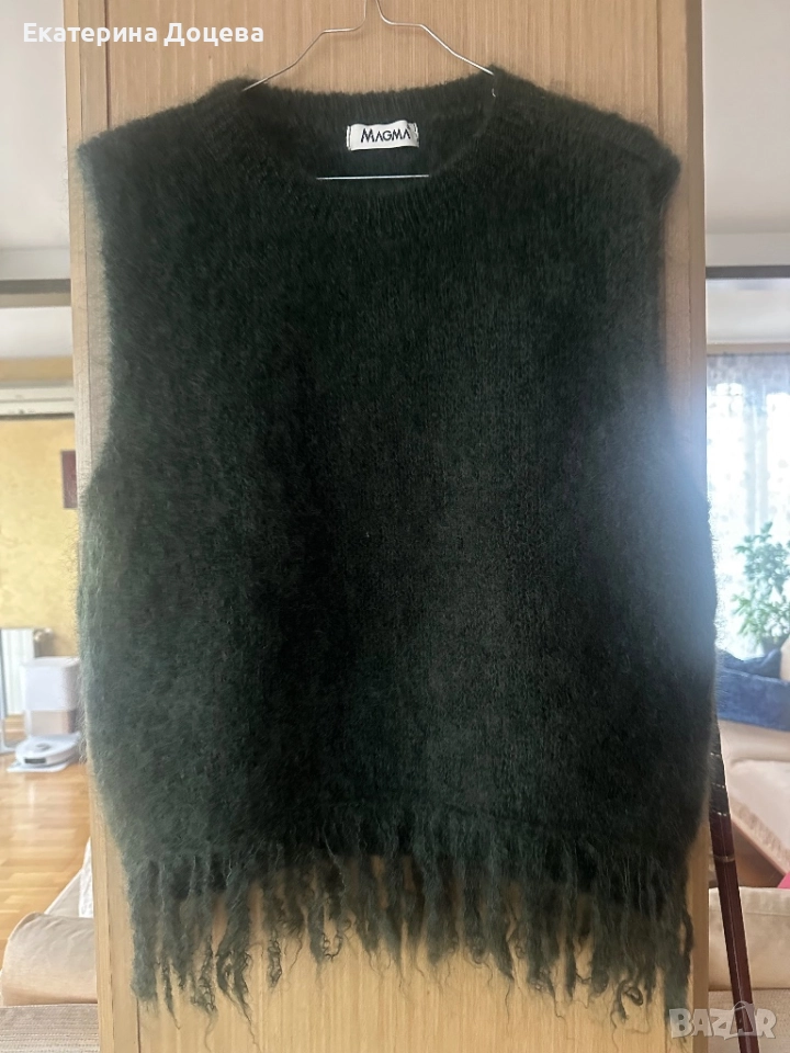 Тъмнозелен пуловер мохер, без ръкав, с ресни, снимка 1