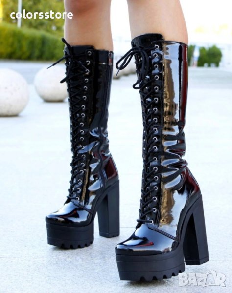 Ботуши на ток - черен лак с черно ходило - 593, снимка 1