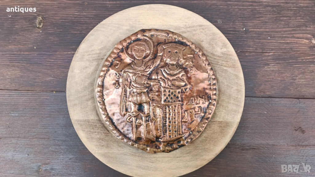 Стара българска медна икона - кована мед - Архангел Михаил и старозаветен пророк Аарон, снимка 1