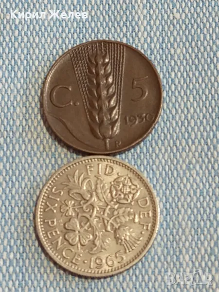  Монети 5 чентезима 1930г. Италия Виктор Емануил  - 6 пенса 1965г. Англия  Елизабет втора 30052, снимка 1