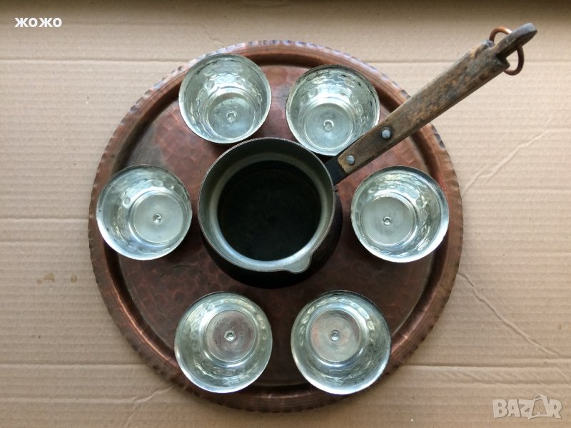  Стар сервиз от кована мед - поднос, джезве и 6 чаши, снимка 1